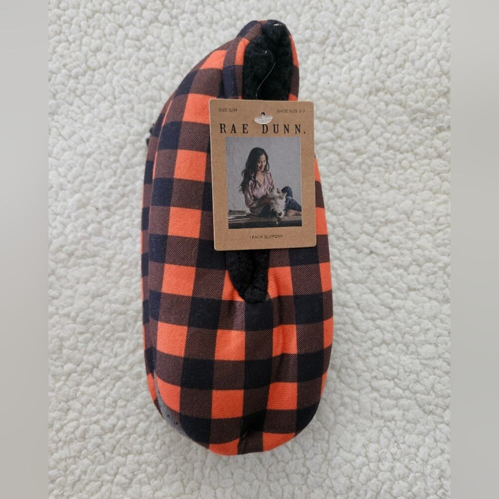 Rae Dunn Womens plaid orange and black slippers size S/M or shoe size 5-7